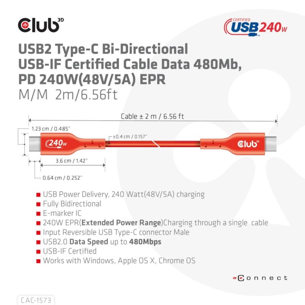 CLUB3D - CAC-1573 cable USB USB 2.0 2 m USB C Rojo
