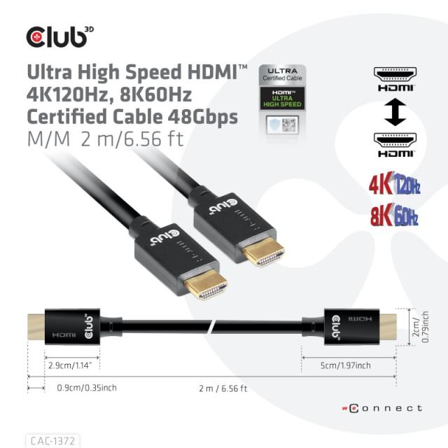 CLUB3D - Ultra High Speed HDMI 4K120Hz, 8K60Hz Certified Cable 48Gbps M/M 2 m / 6.56 ft