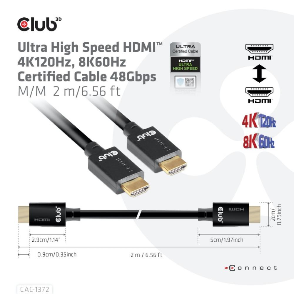 CLUB3D - Ultra High Speed HDMI 4K120Hz, 8K60Hz Certified Cable 48Gbps M/M 2 m / 6.56 ft