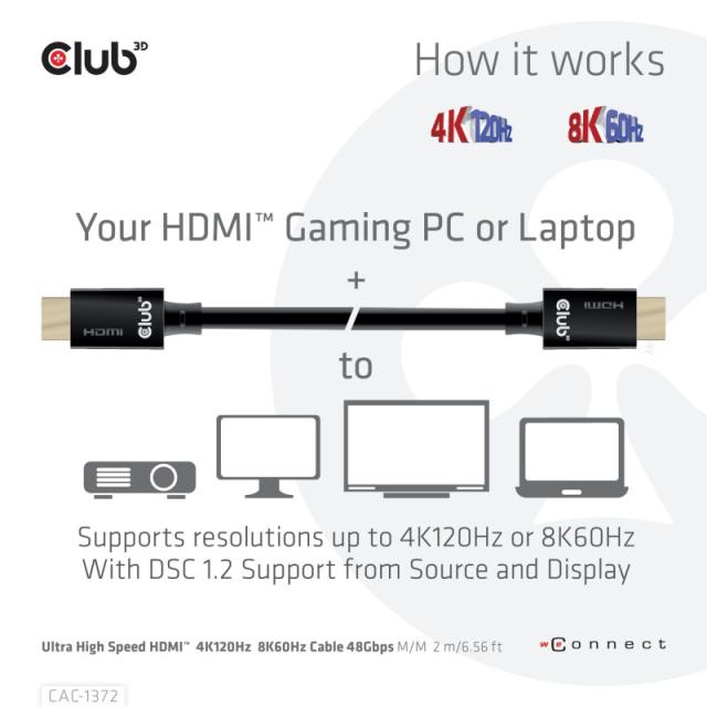 CLUB3D - Ultra High Speed HDMI 4K120Hz, 8K60Hz Certified Cable 48Gbps M/M 2 m / 6.56 ft