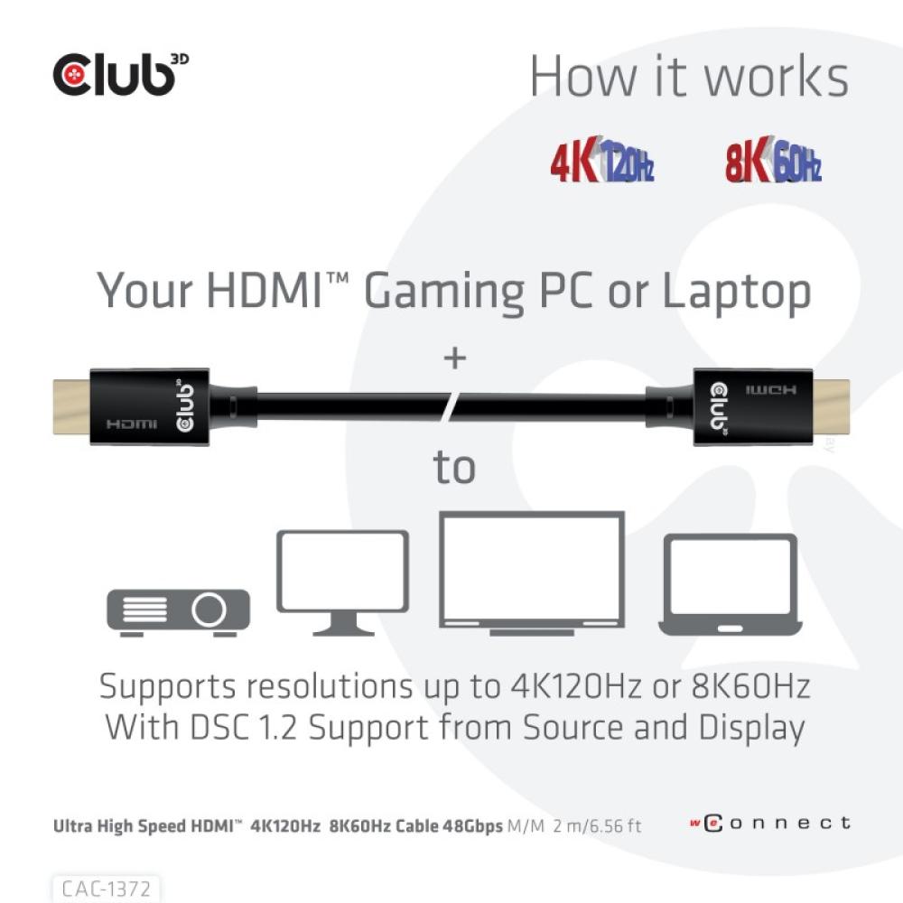 CLUB3D - Ultra High Speed HDMI 4K120Hz, 8K60Hz Certified Cable 48Gbps M/M 2 m / 6.56 ft
