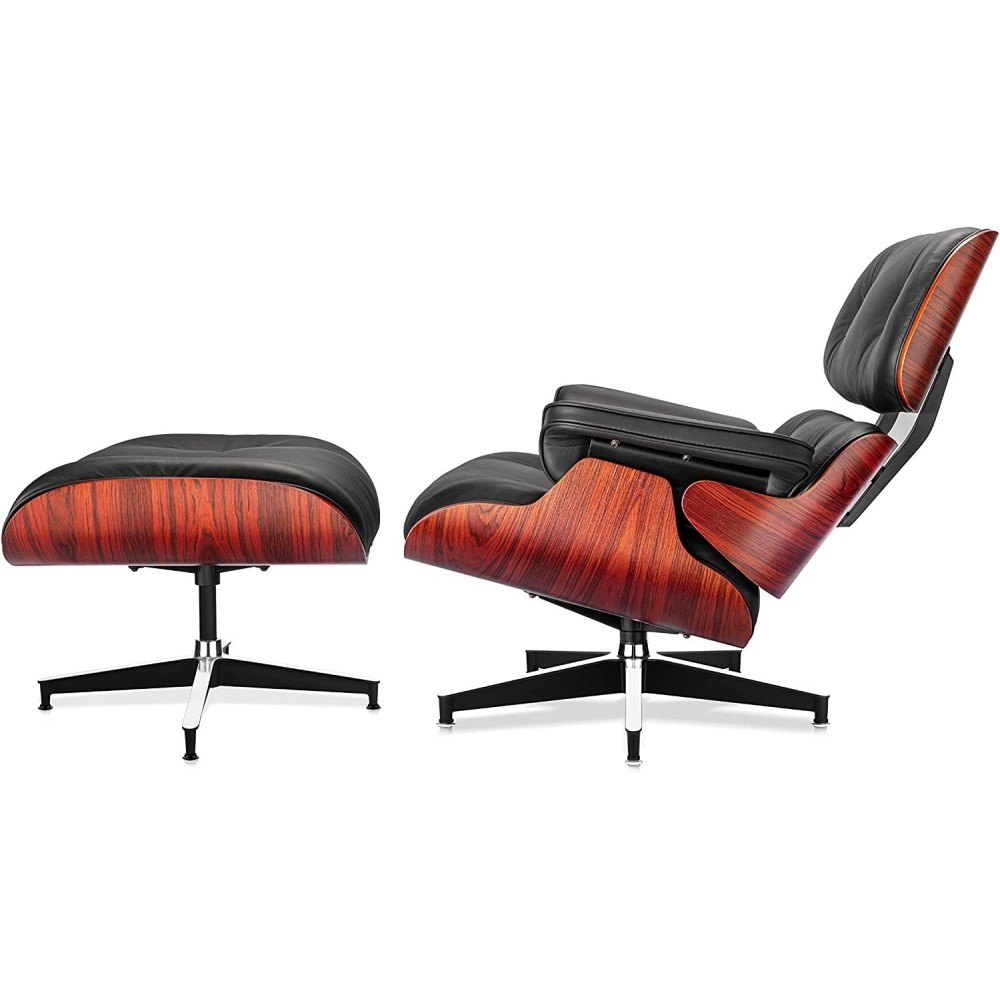 Butaca con ottoman EA HEPAPNE, palisandro, piel negra