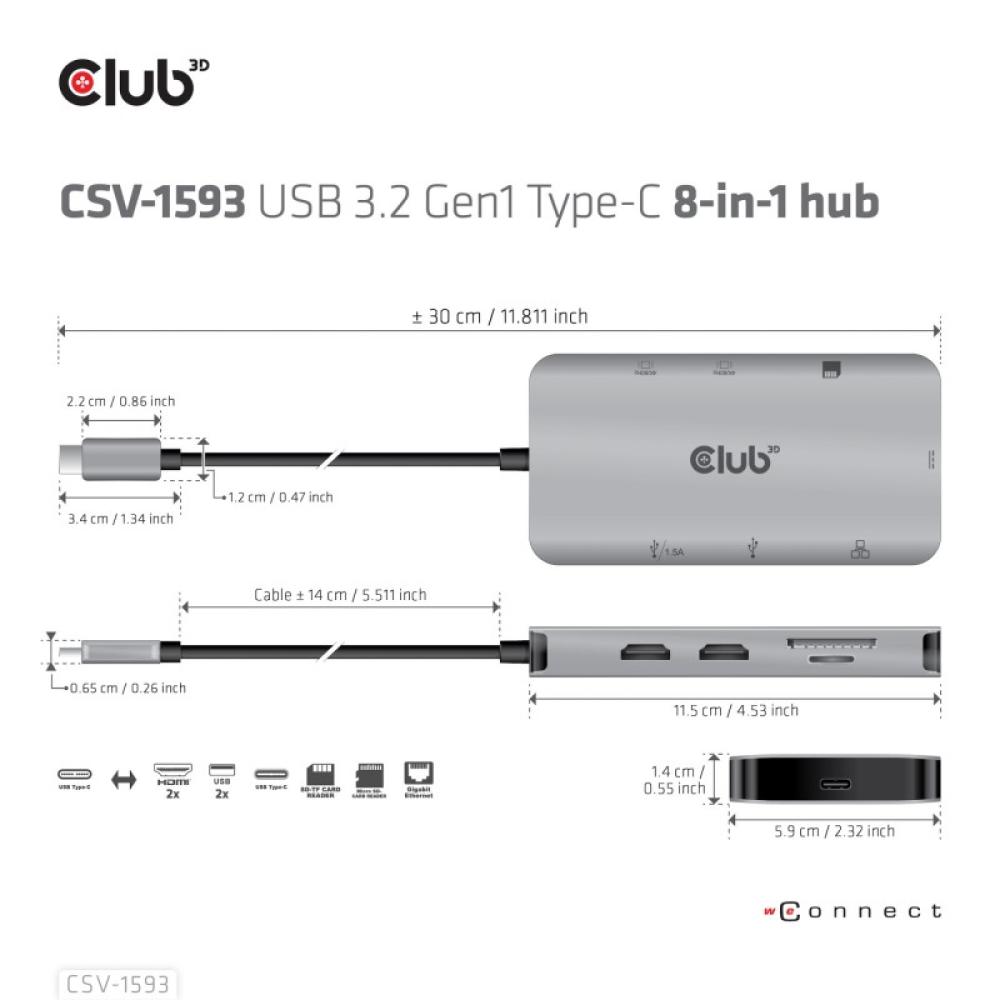 CLUB3D - CSV-1593 hub de interfaz USB 3.2 Gen 1 (3.1 Gen 1) Type-C 16200 Mbit/s Metálico