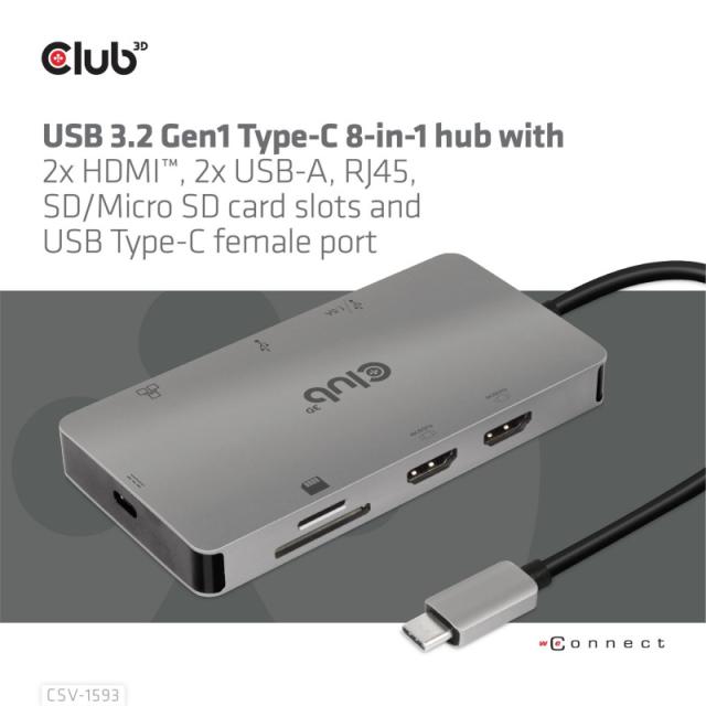 CLUB3D - CSV-1593 hub de interfaz USB 3.2 Gen 1 (3.1 Gen 1) Type-C 16200 Mbit/s Metálico