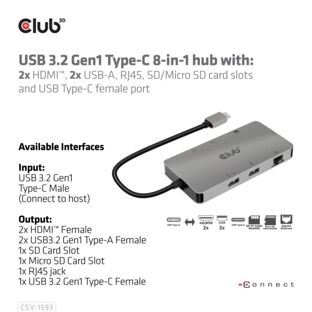 CLUB3D - CSV-1593 hub de interfaz USB 3.2 Gen 1 (3.1 Gen 1) Type-C 16200 Mbit/s Metálico