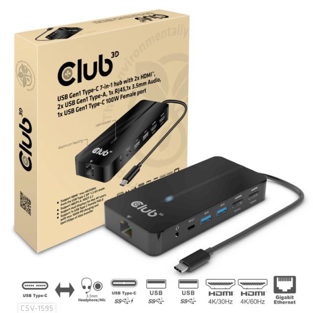 CLUB3D - CSV-1595 base para portátil y replicador de puertos USB 3.2 Gen 1 (3.1 Gen 1) Type-C Negro