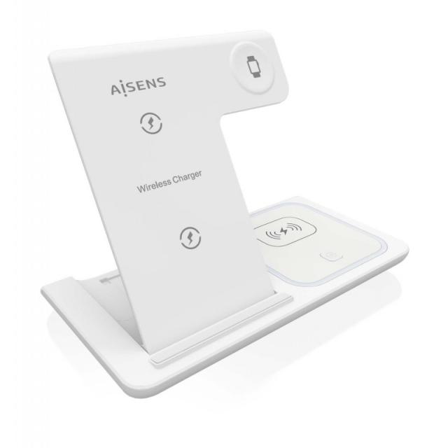 AISENS - Cargador Inalambrico USB-C 3 En 1 De 15W Para Movil, Apple Watch, Ariculares Con Estuche De Carga, Blanco
