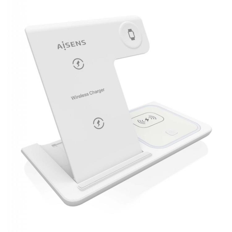 AISENS - Cargador Inalambrico USB-C 3 En 1 De 15W Para Movil, Apple Watch, Ariculares Con Estuche De Carga, Blanco