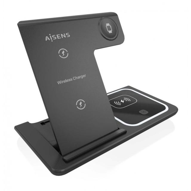 AISENS - Cargador Inalambrico USB-C 3 En 1 De 15W Para Movil, Apple Watch, Ariculares Con Estuche De Carga, Negro