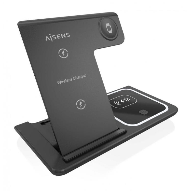 AISENS - Cargador Inalambrico USB-C 3 En 1 De 15W Para Movil, Apple Watch, Ariculares Con Estuche De Carga, Negro