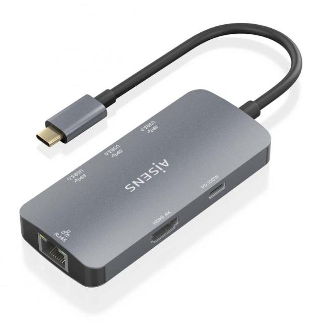 AISENS - USB-C Dock 6 En 1, USB-C a 1xHDMI, 1xRJ45, 3xUSB-A, 1xUSB-C PD, Gris, 15cm