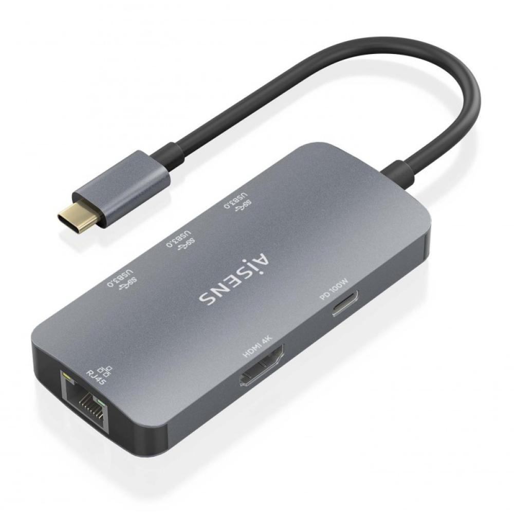 AISENS - USB-C Dock 6 En 1, USB-C a 1xHDMI, 1xRJ45, 3xUSB-A, 1xUSB-C PD, Gris, 15cm