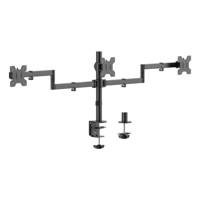 AISENS - Soporte de mesa eco giratorio e inclinable para 3 monitores 10kg (3 Pivotes, 2 Brazos) de 13-27, Negro