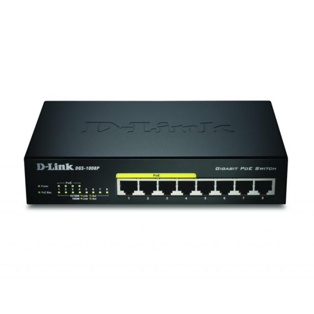 D-Link - DGS-1008P/E switch No administrado L2 Gigabit Ethernet (10/100/1000) Energía sobre Ethernet (PoE) Escritorio Negro