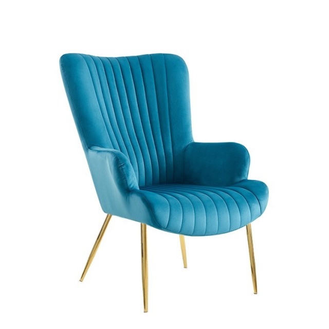 Sillón LILLE, patas doradas, tapizado velvet turquesa