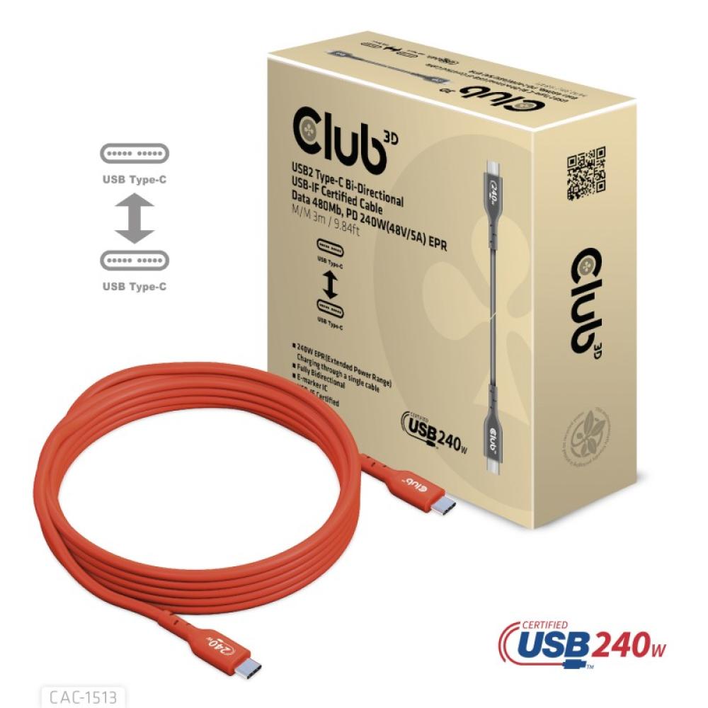 CLUB3D - Cable certificado USB2 tipo C bidireccional USB-IF Datos 480 Mb, PD 240 W (48 V/5 A) EPR M/M 3 m/9,84 pies