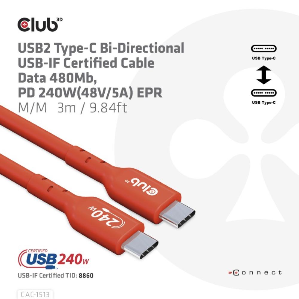 CLUB3D - Cable certificado USB2 tipo C bidireccional USB-IF Datos 480 Mb, PD 240 W (48 V/5 A) EPR M/M 3 m/9,84 pies