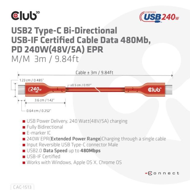 CLUB3D - Cable certificado USB2 tipo C bidireccional USB-IF Datos 480 Mb, PD 240 W (48 V/5 A) EPR M/M 3 m/9,84 pies