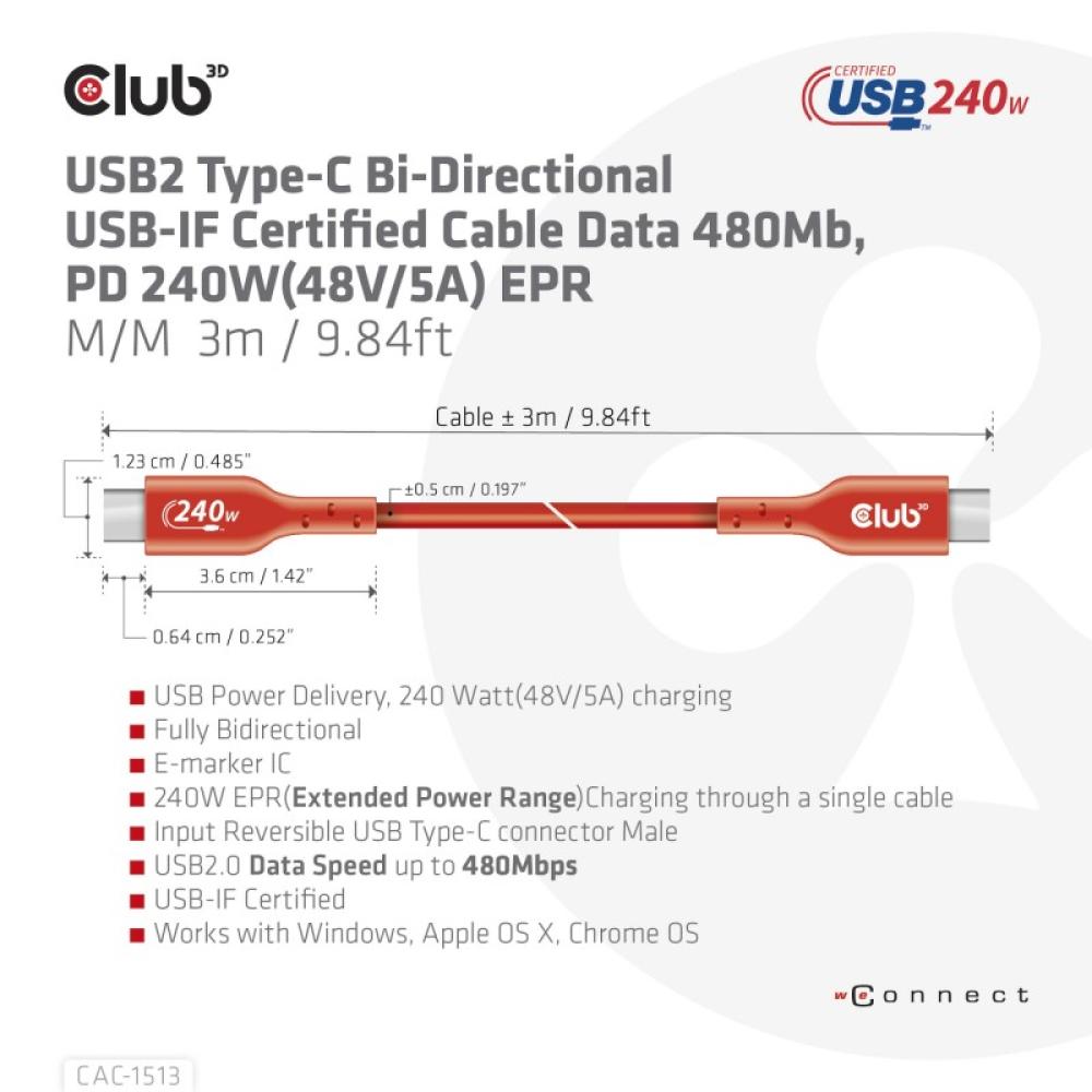 CLUB3D - Cable certificado USB2 tipo C bidireccional USB-IF Datos 480 Mb, PD 240 W (48 V/5 A) EPR M/M 3 m/9,84 pies