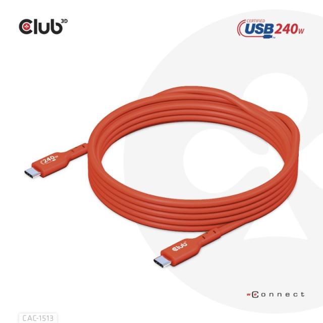 CLUB3D - Cable certificado USB2 tipo C bidireccional USB-IF Datos 480 Mb, PD 240 W (48 V/5 A) EPR M/M 3 m/9,84 pies