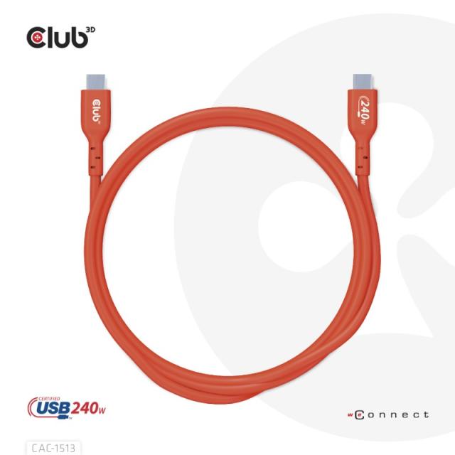 CLUB3D - Cable certificado USB2 tipo C bidireccional USB-IF Datos 480 Mb, PD 240 W (48 V/5 A) EPR M/M 3 m/9,84 pies