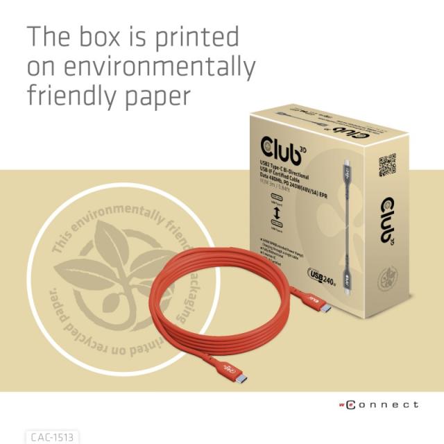 CLUB3D - Cable certificado USB2 tipo C bidireccional USB-IF Datos 480 Mb, PD 240 W (48 V/5 A) EPR M/M 3 m/9,84 pies