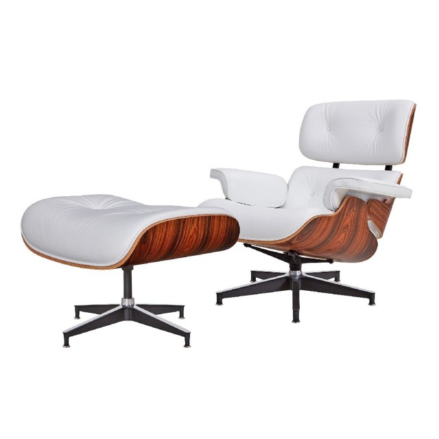 Butaca con ottoman EA HEPASBL, palisandro, piel blanca