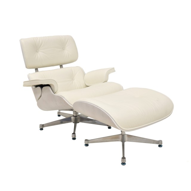 Butaca con ottoman EA HEBLPBL, blanca, base pulida, piel blanca