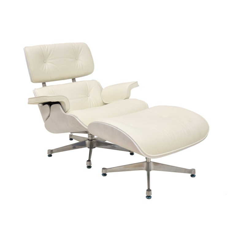 Butaca con ottoman EA HEBLPBL, blanca, base pulida, piel blanca