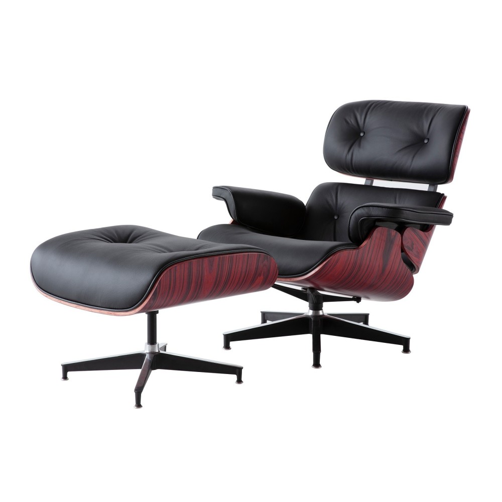 Butaca con ottoman EA HEPRPNE, palo rosa, piel negra