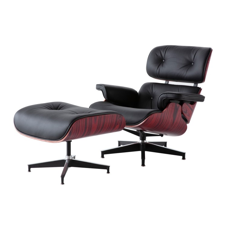 Butaca con ottoman EA HEPRPNE, palo rosa, piel negra