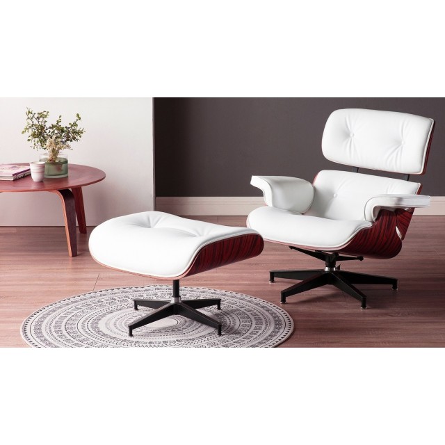 Butaca con ottoman EA HEPRSBL, palo rosa, similpiel blanca