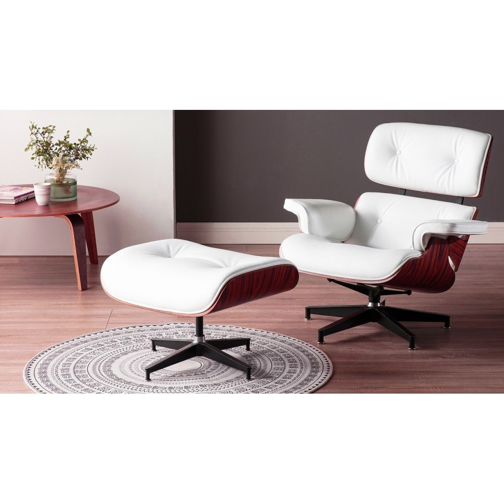 Butaca con ottoman EA HEPRSBL, palo rosa, similpiel blanca