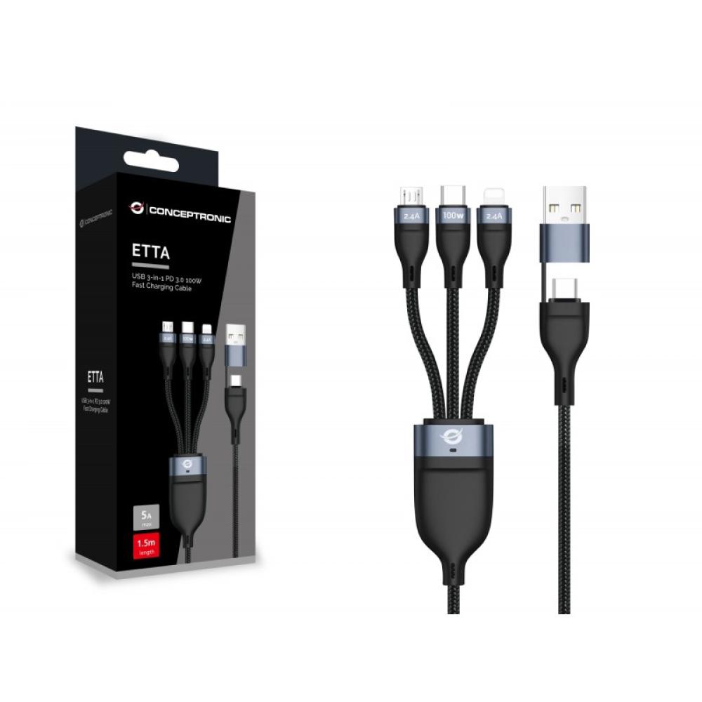 Conceptronic - ETTA06B15 cable USB USB 2.0 1,5 m USB C USB C/Micro-USB B/Lightning Negro