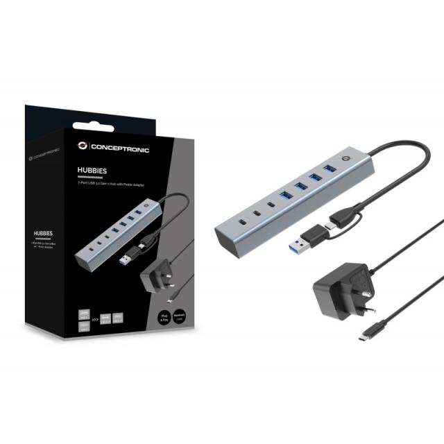 Conceptronic - HUBBIES20GP hub de interfaz USB 3.2 Gen 1 (3.1 Gen 1) Type-C 5000 Mbit/s Gris