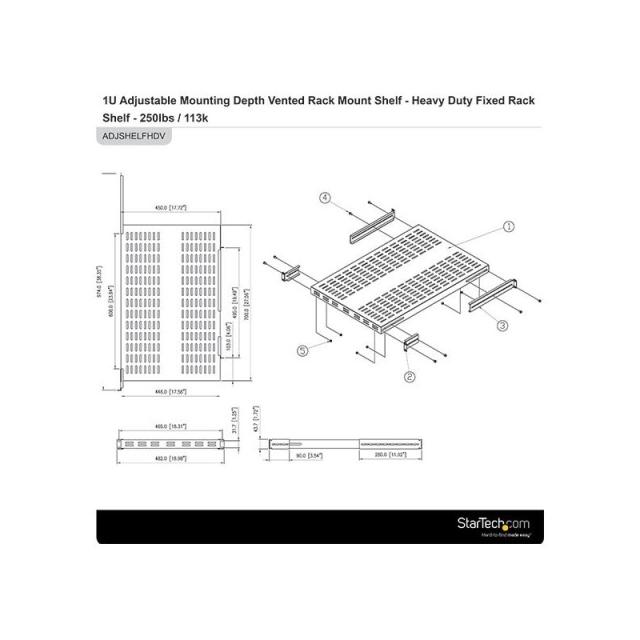 StarTech.com - Estante Bandeja 1U Ventilada Ajustable para Montaje en Rack de Servidores - 150kg - de 19,5 a 38in (49,5 a 96,5cm