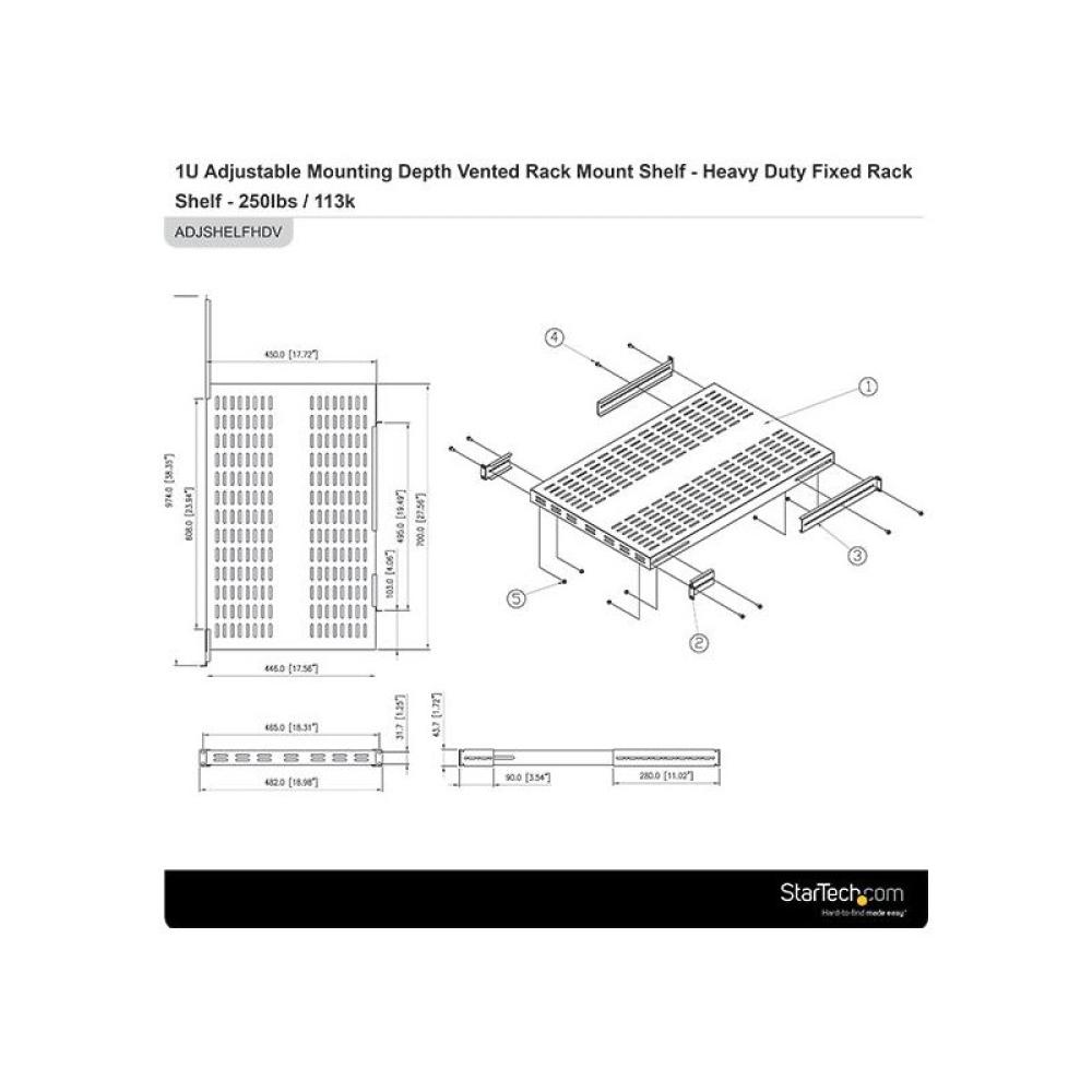 StarTech.com - Estante Bandeja 1U Ventilada Ajustable para Montaje en Rack de Servidores - 150kg - de 19,5 a 38in (49,5 a 96,5cm