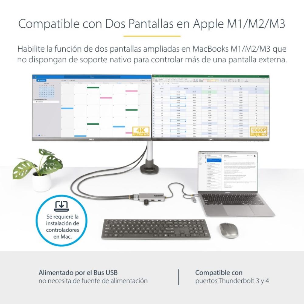 StarTech.com - Adaptador Multipuertos USB-C - HDMI Doble (4K30Hz/1080p60Hz) - Hub Ladrón 3x USB-A - Mini Docking Station de Viaj