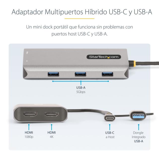StarTech.com - Adaptador Multipuertos USB-C - HDMI Doble (4K30Hz/1080p60Hz) - Hub Ladrón 3x USB-A - Mini Docking Station de Viaj