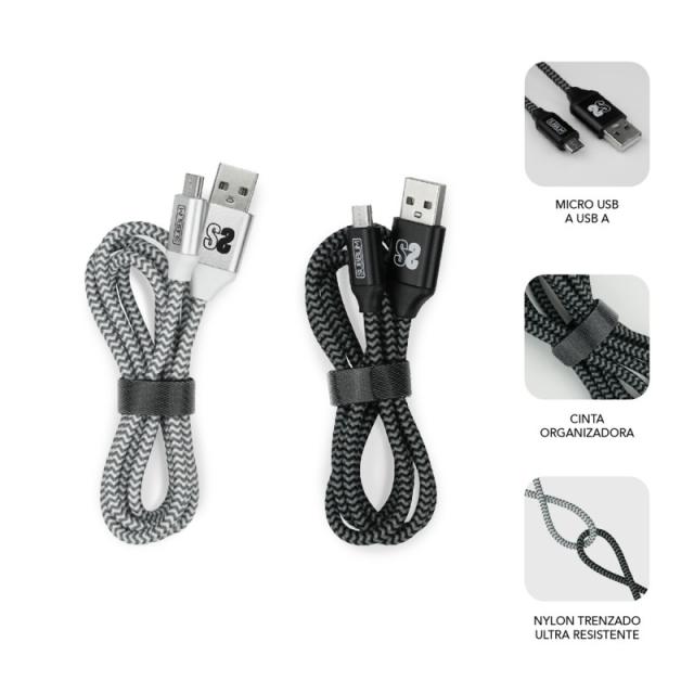 SUBBLIM - PACK 2 CABLES USB A MICRO USB (2.4A) 1M BLACK/SILVER