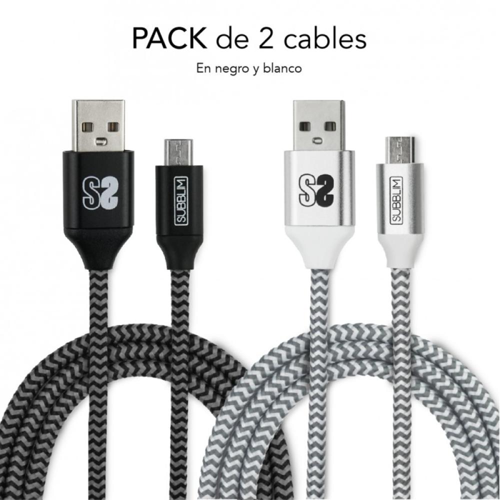 SUBBLIM - PACK 2 CABLES USB A MICRO USB (2.4A) 1M BLACK/SILVER