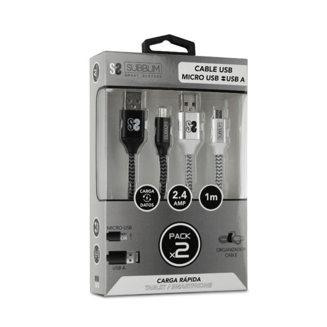 SUBBLIM - PACK 2 CABLES USB A MICRO USB (2.4A) 1M BLACK/SILVER