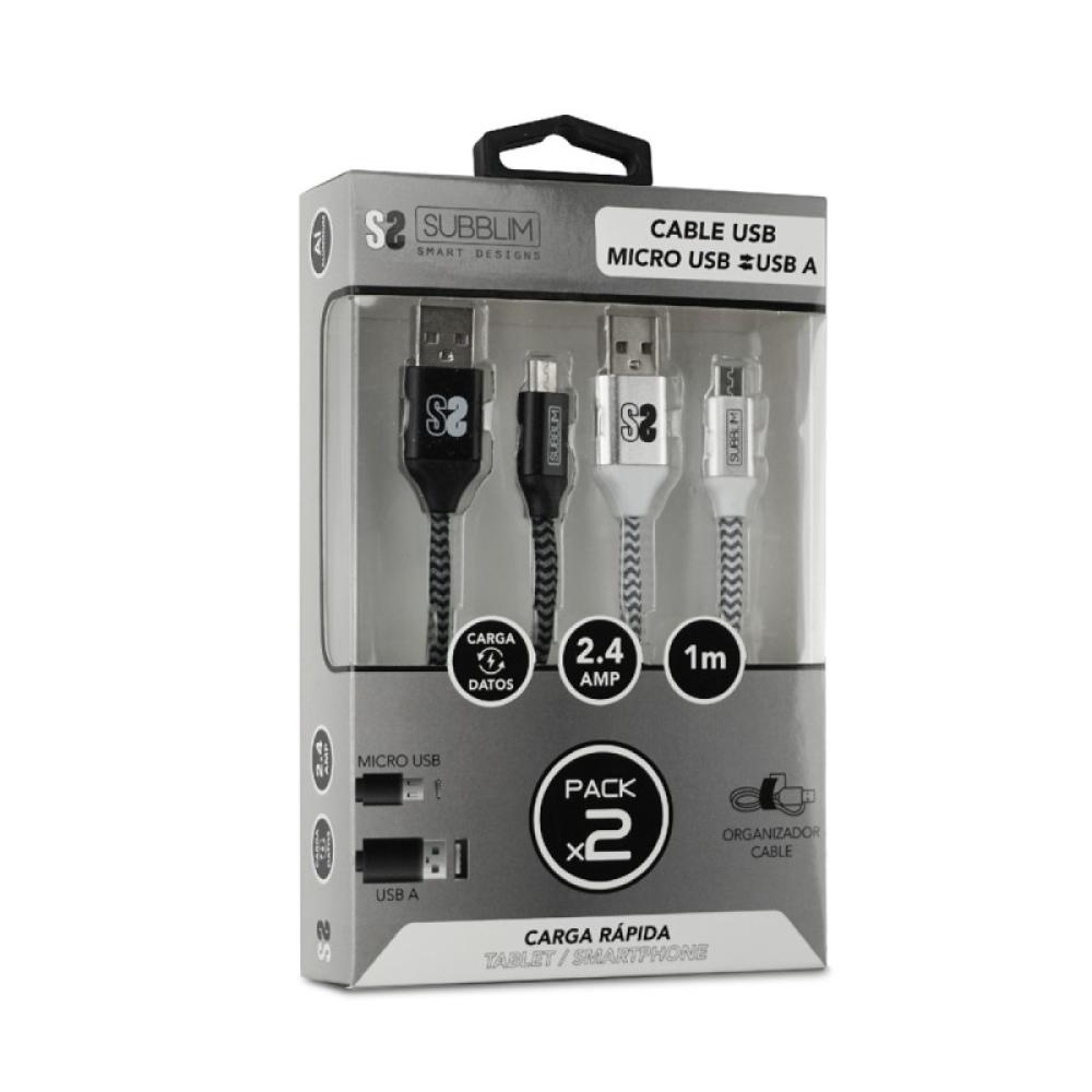 SUBBLIM - PACK 2 CABLES USB A MICRO USB (2.4A) 1M BLACK/SILVER