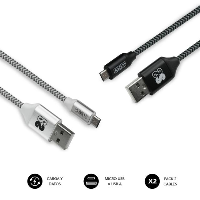 SUBBLIM - PACK 2 CABLES USB A MICRO USB (2.4A) 1M BLACK/SILVER