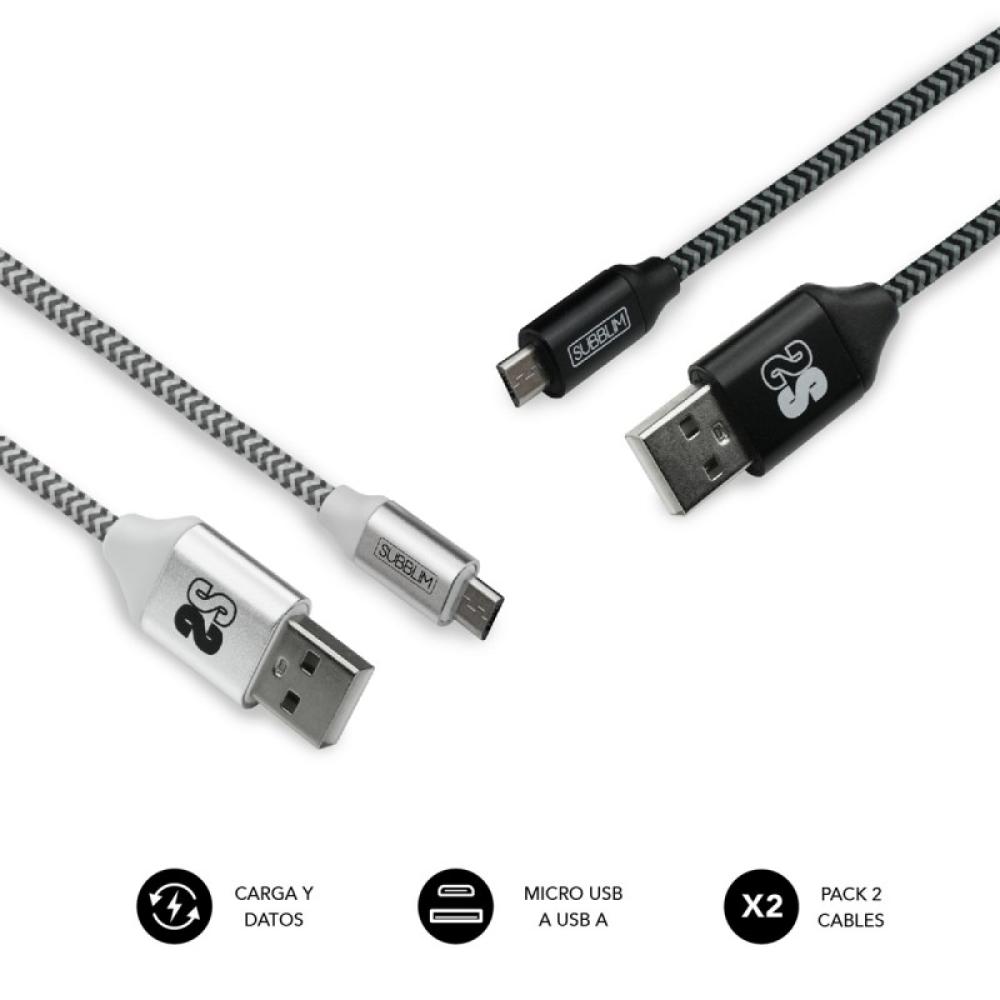 SUBBLIM - PACK 2 CABLES USB A MICRO USB (2.4A) 1M BLACK/SILVER