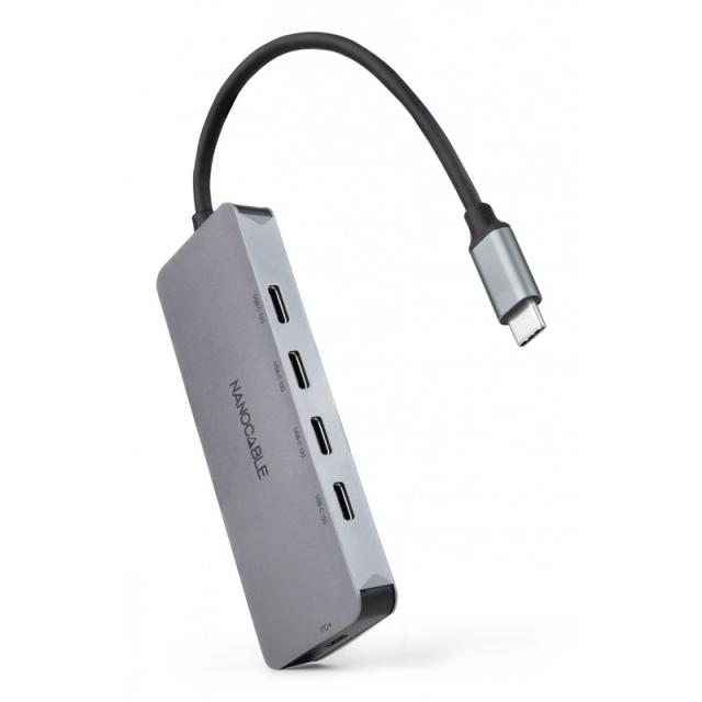 Nanocable - Hub USB-C macho a 4 x USB-C hembra + USB-C PD 100W, Aluminio 10 cm, Gris