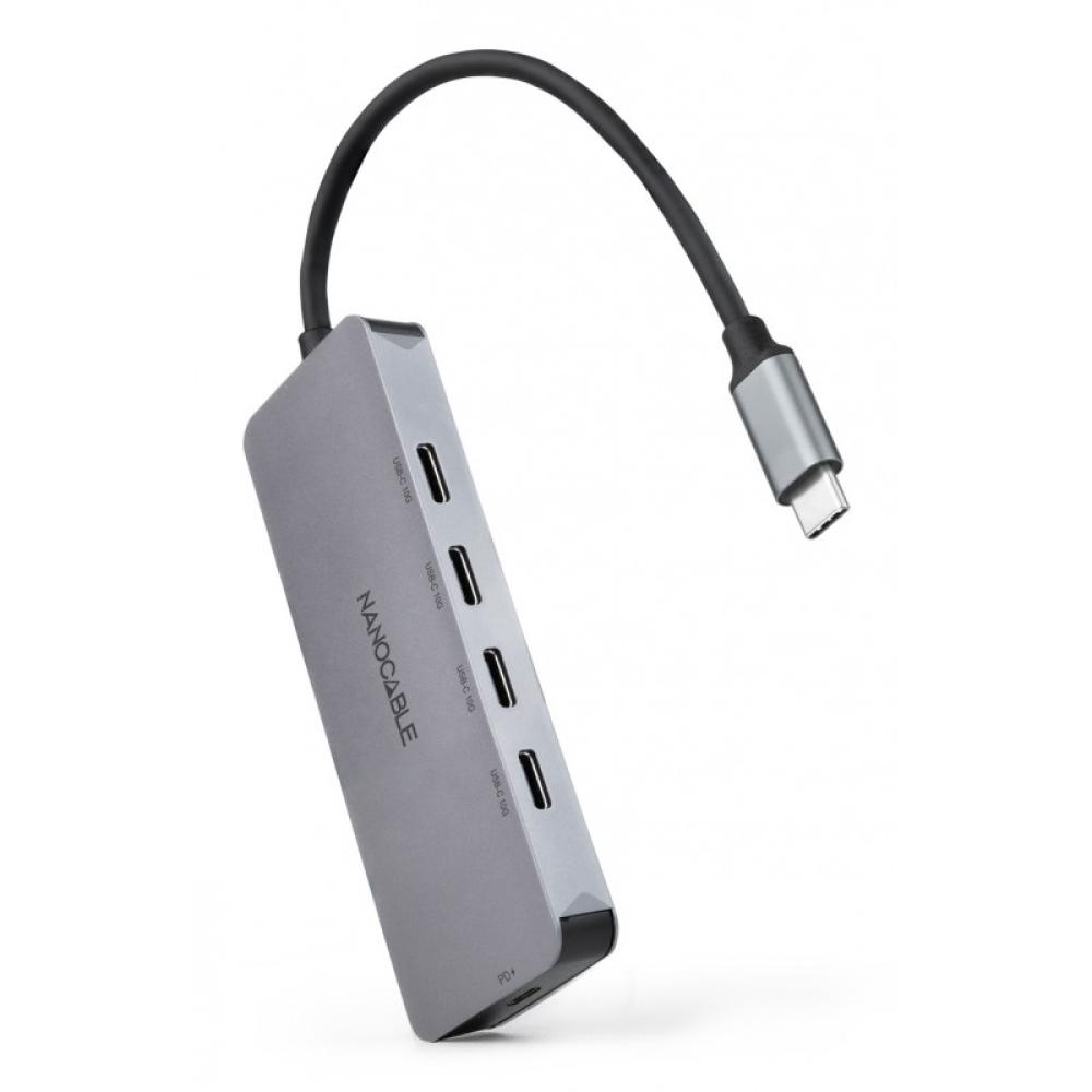 Nanocable - Hub USB-C macho a 4 x USB-C hembra + USB-C PD 100W, Aluminio 10 cm, Gris
