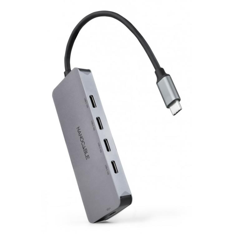 Nanocable - Hub USB-C macho a 4 x USB-C hembra + USB-C PD 100W, Aluminio 10 cm, Gris