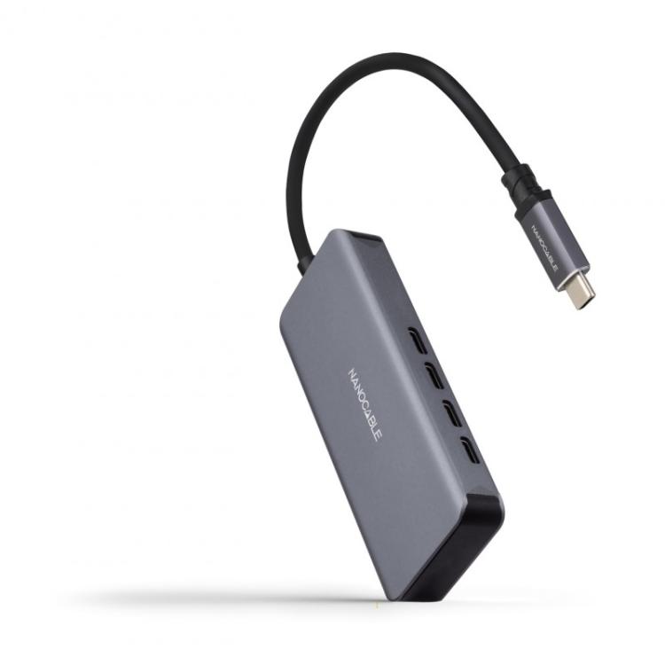 Nanocable - Hub USB-C macho a 4 x USB-C hembra, Aluminio 10 cm, Gris