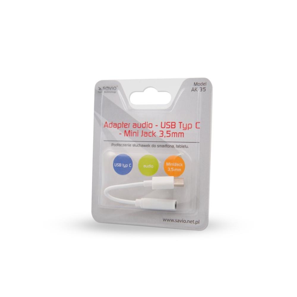 Savio - AK-35 mobile phone cable White 0.12 m USB C 3.5mm cable de teléfono móvil Blanco 0,12 m 3,5mm